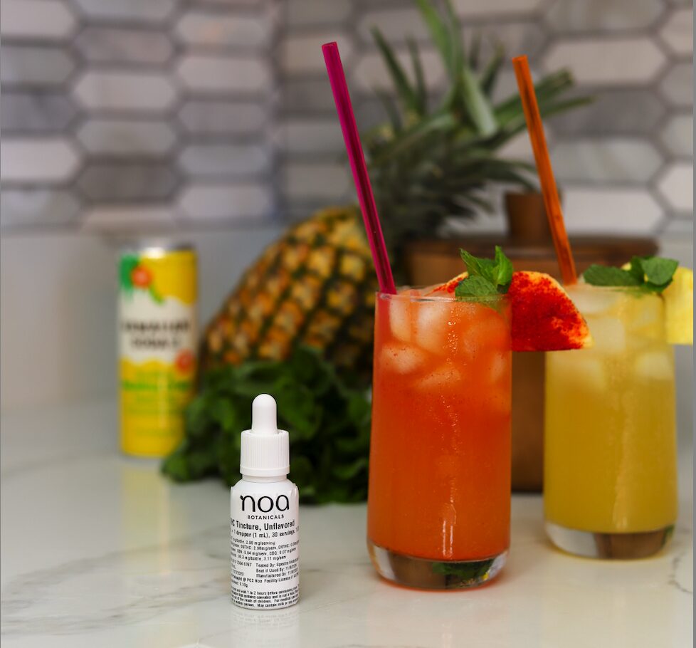 Two colorful cocktails with garnish sit on the counter, alongside a a cannabis THC Nano Tincutre A can of pineapple drink and a fresh pineapple add a tropical touch to the vibrant setting.